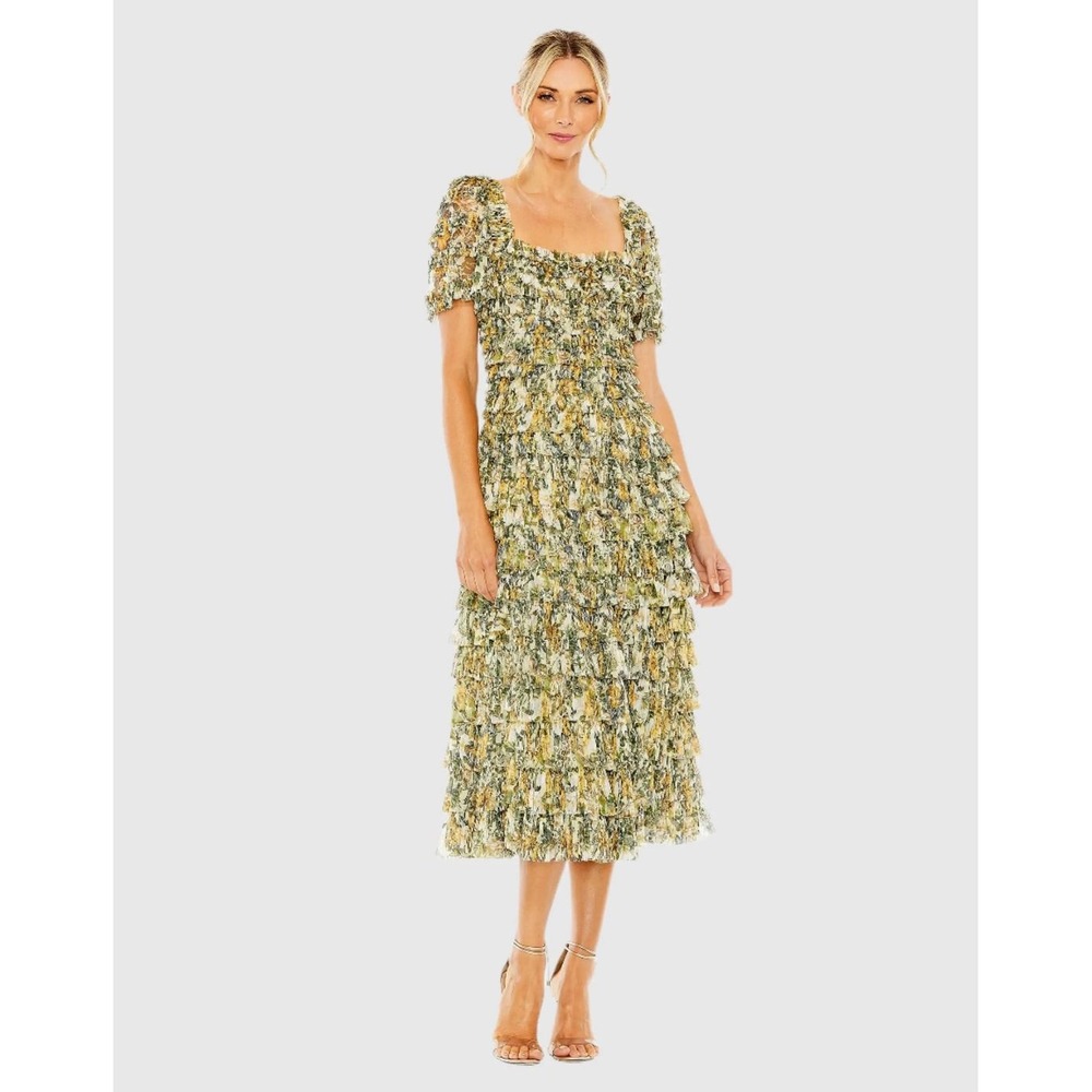 MAC DUGGAL Floral‎ Tiered Ruffle Square Neck Midi Dress Yellow Green Size 18